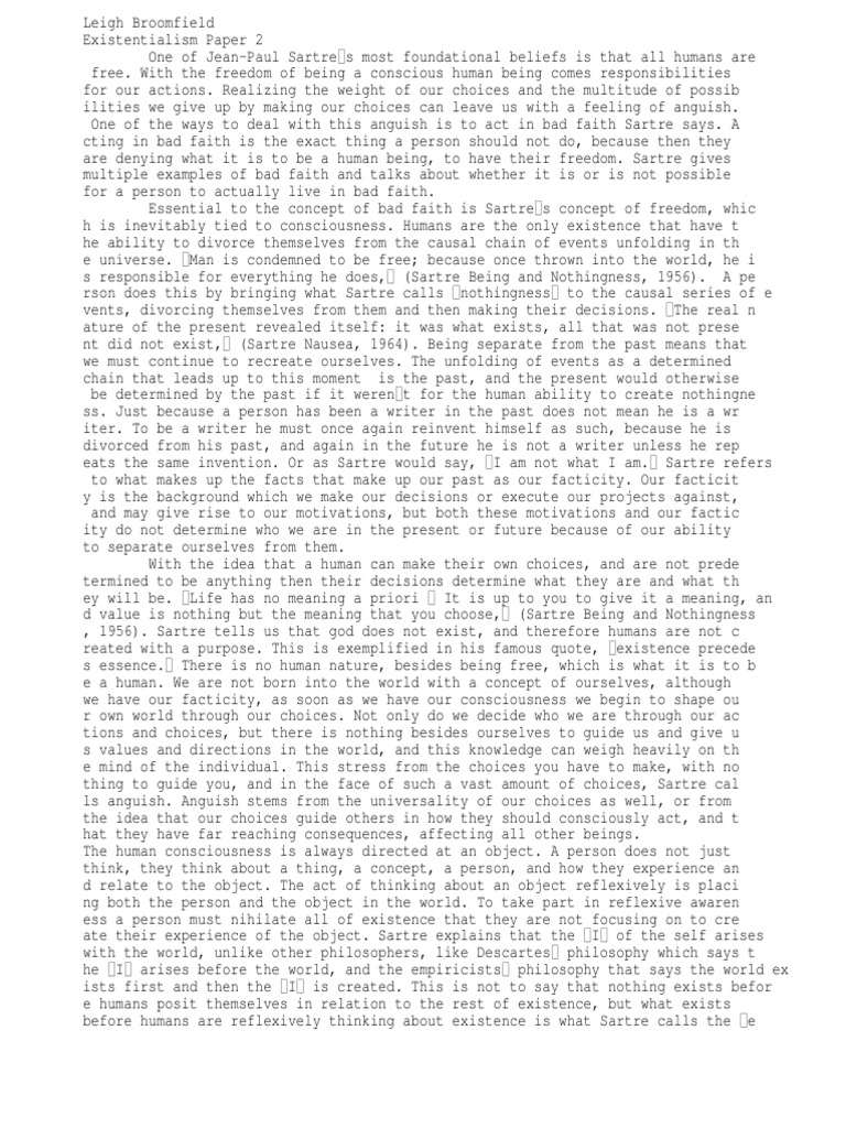 Sartre S Existentialism Freedom And Responsibility Pdf