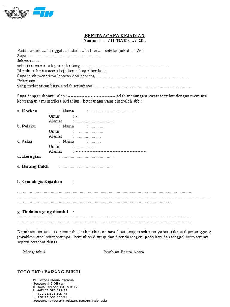 Contoh Berita Acara Kejadian  PDF