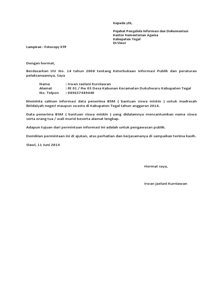 Contoh Surat Permohonan Informasi Publik