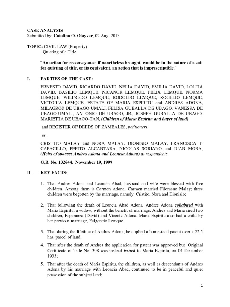 Quieting Title: Adona vs. Malay Case | PDF | Trust Law | Virtue