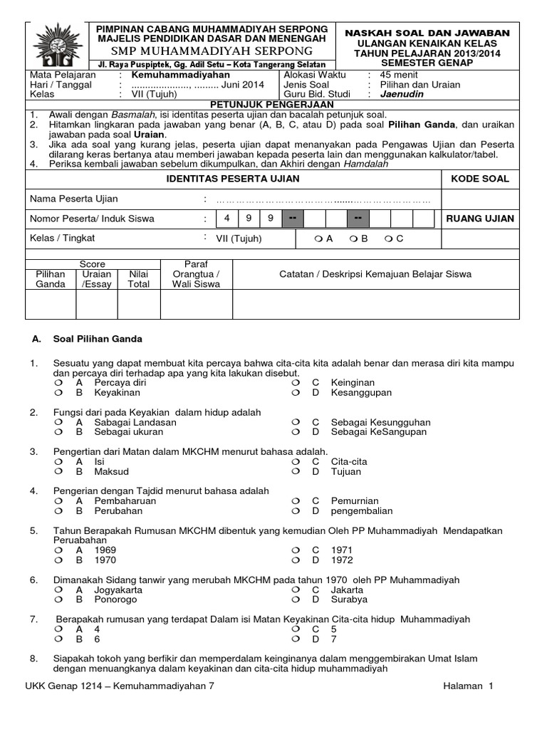 Soal Kemuhammadiyahan Smp Kelas 8 Semester 2 Revisi Guru Id