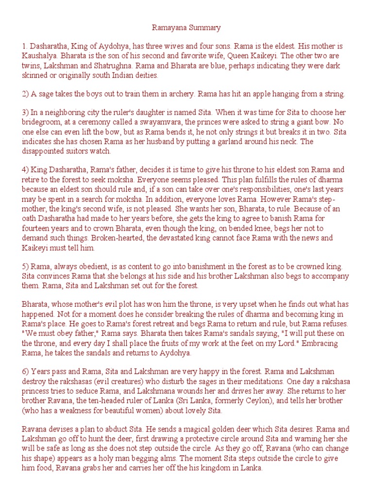 Ramayana Summary PDF Sita Rama