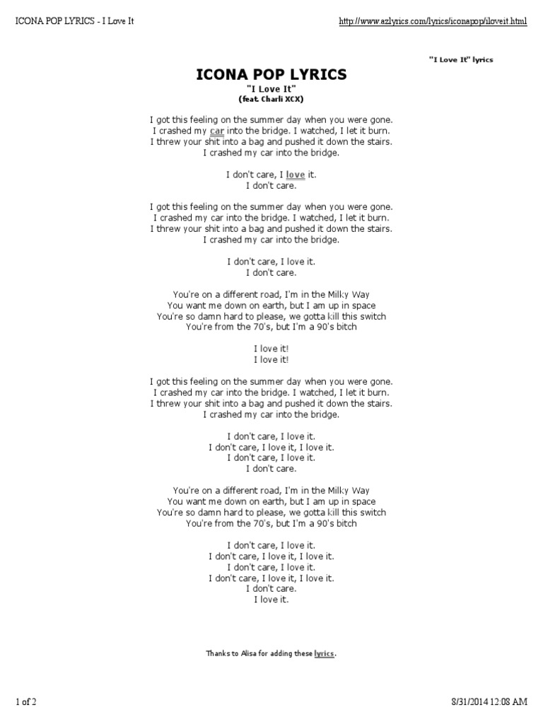 Lyrics for I Love It by Icona Pop - Songfacts