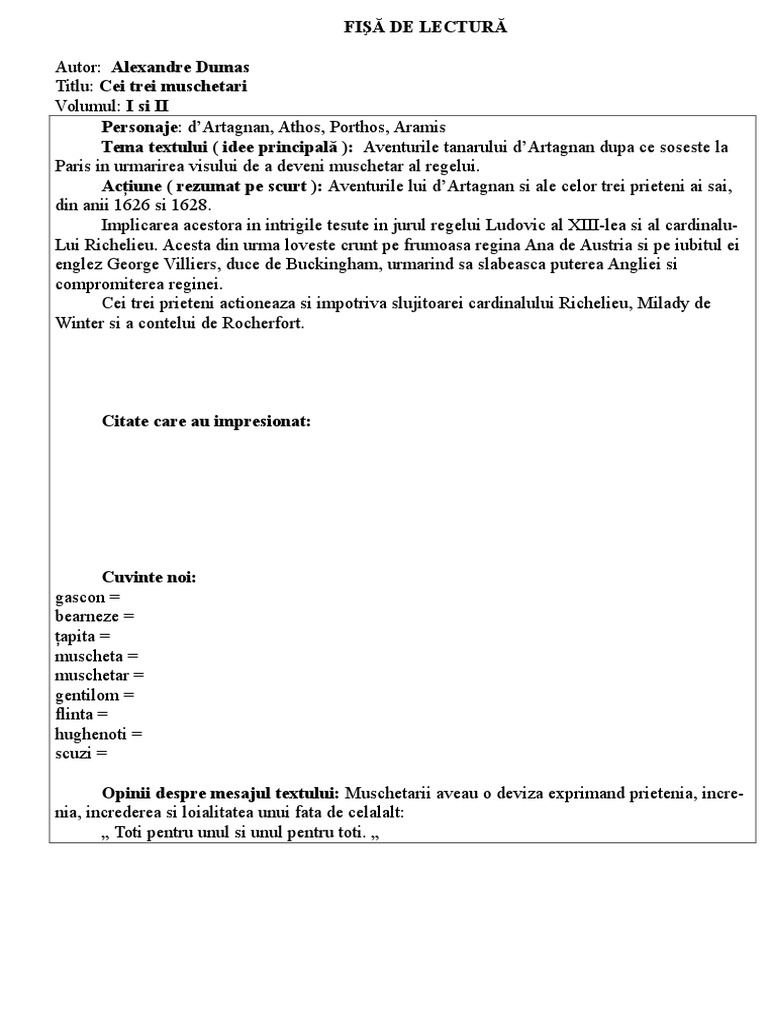 Fisa de Lectura Cei Trei Muschetari