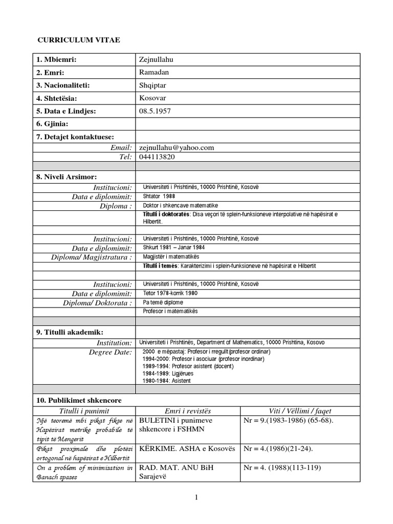 Ramadan Zejnullahu CV Shqip | PDF