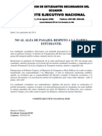 NO AL ALZA DE PASAJES, RESPETO A LA TARIFA ESTUDIANTIL, Comunicado de Prensa