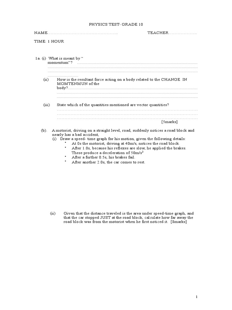 Grade 10 Physics Test
