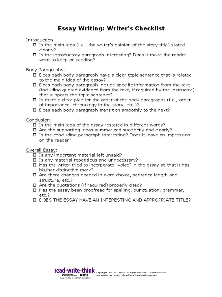 Essay Writing Writer's Checklist PDF