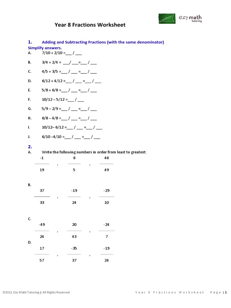 year 8 fractions worksheet