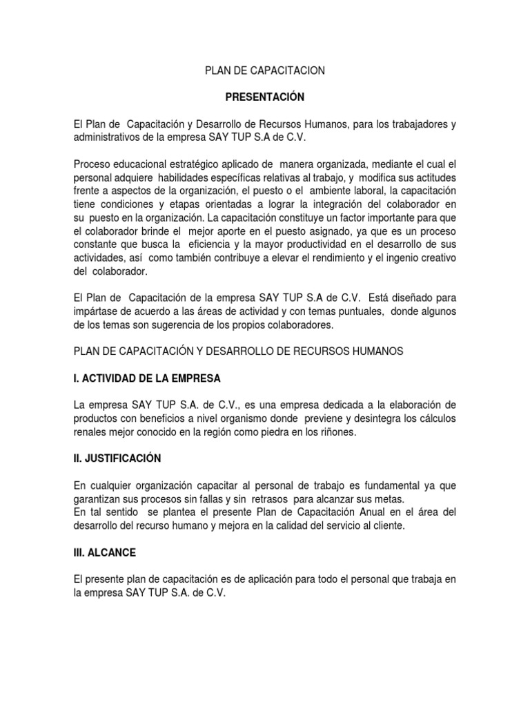 Plan de Capacitacion | PDF | Recursos humanos | Calidad (comercial)