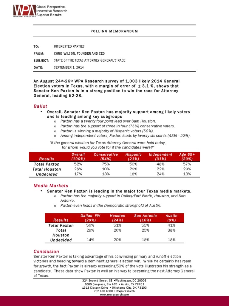 WPA Paxton For Texas Survey Analysis Memo 140901 | PDF | Opinion Poll ...