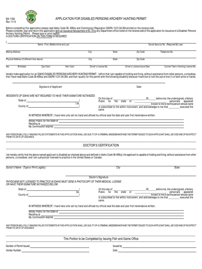Disabled Persons Archery Hunting Permit PDF Bow And Arrow Notary