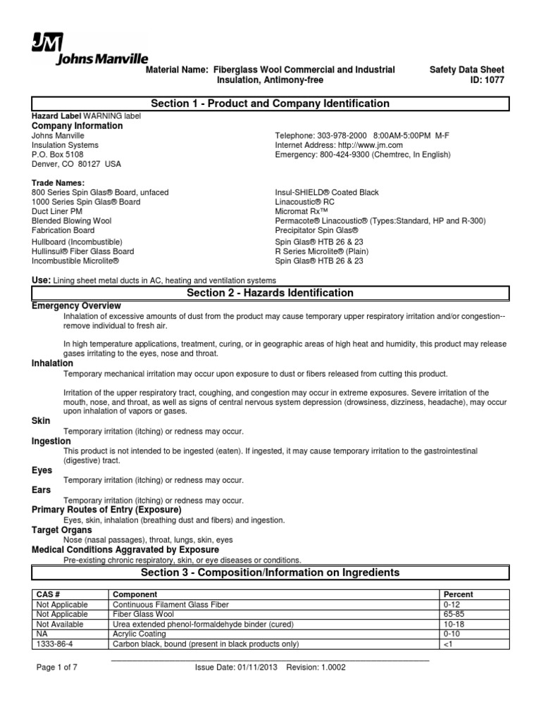 MSDS_200000000474_REG_NA_EN John Mansville Series 800 Insulation MSDS