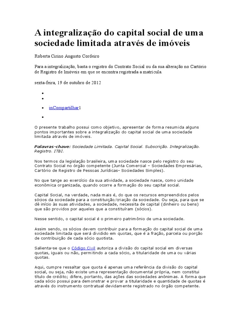 A Integralização Do Capital Social de Uma Sociedade Limitada Através de ...