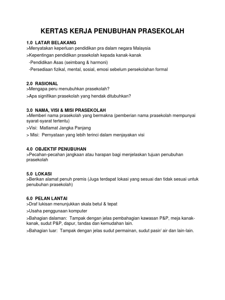 Kertas Kerja Penubuhan Prasekolah Pdf