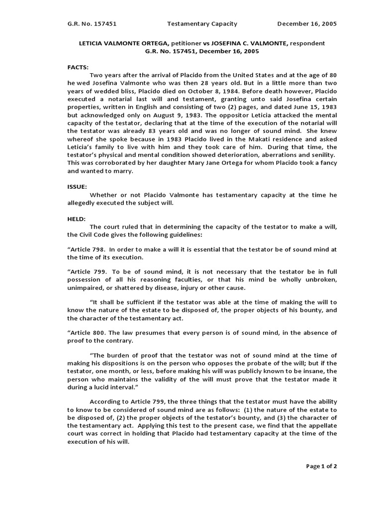 Testamentary Capacity in Will Validity | PDF | Will And Testament | Probate