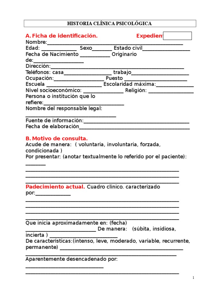 Formato de Historia Clínica Psicológica | PDF | Neurología | Enfermedades y trastornos
