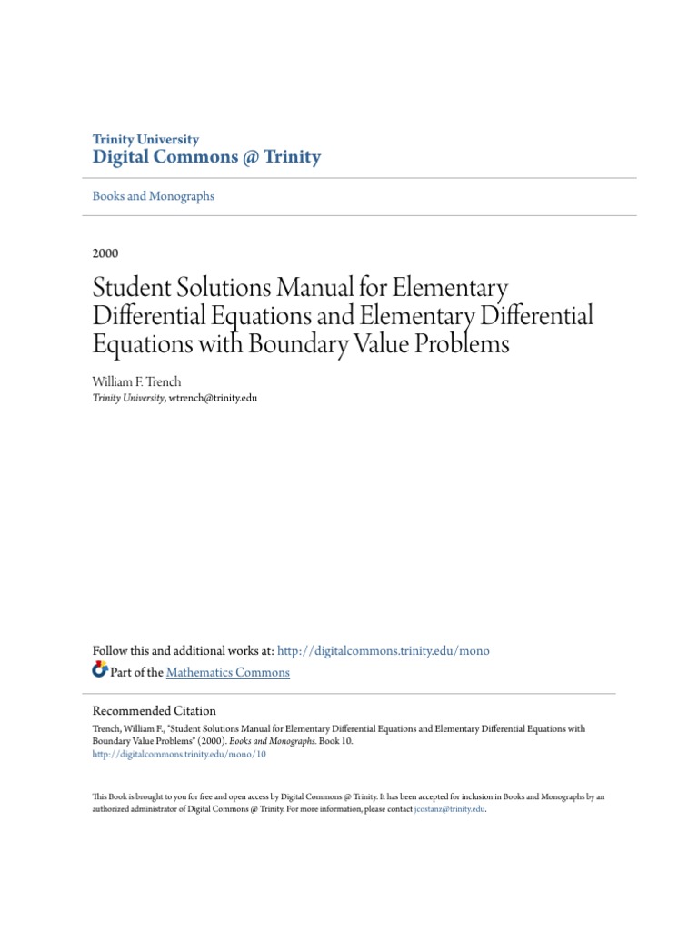 Student Solutions Manual for Elementary Differential Equations An | Ordinary  Differential Equation | Differential Equations