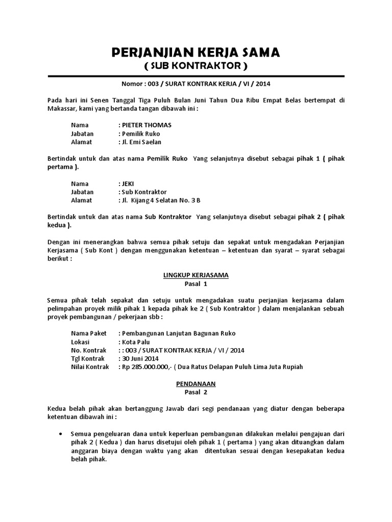 contoh mou pdf bisnis Sama 2 Kontrak Kerja Sub Perjanjian