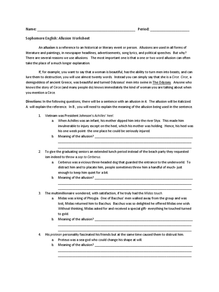 worksheet Allusion Worksheet allusion wkst 1 odyssey greek mythology