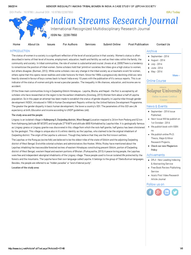Gender Inequality Among Tribal Women in India - A Case Study of Lepcha ...