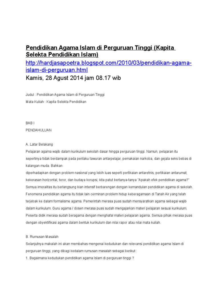 Makalah Pentingnya Pendidikan Agama Islam Di Perguruan Tinggi