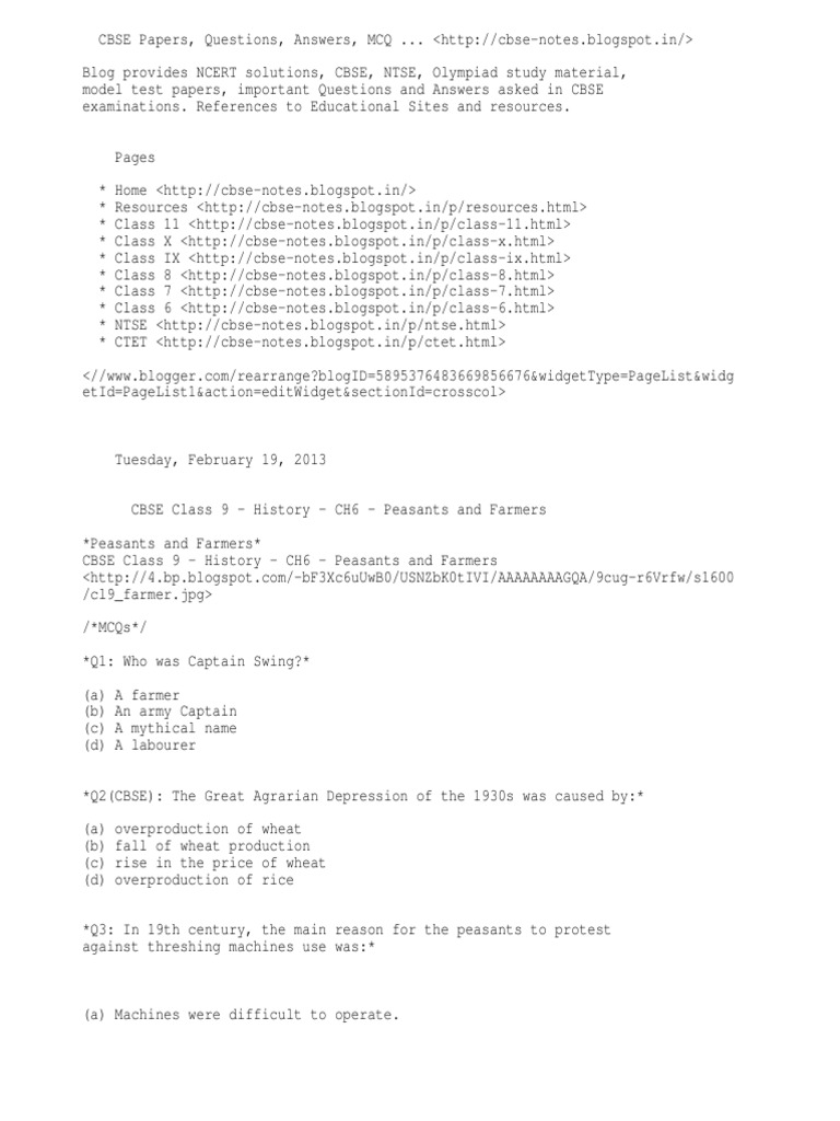 Cbse Papers Questions Answers Mcq Cbse Class 9 History Ch6