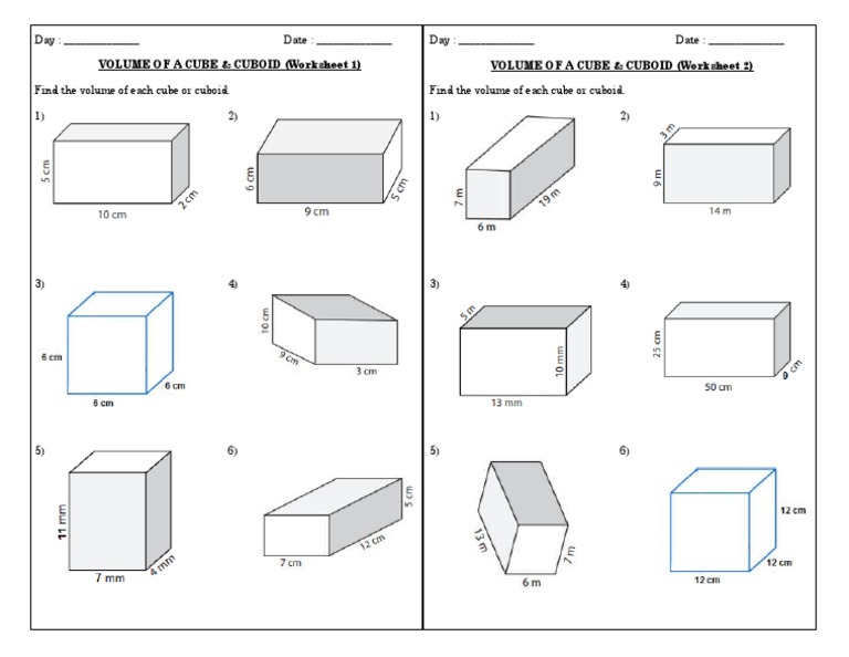 Cube and Cuboid Volume Worksheets | PDF