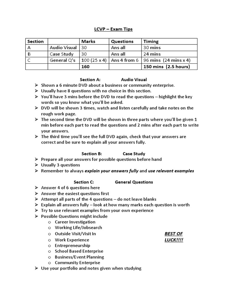 LCVP Exam Tips | PDF | Test (Assessment) | Cognition