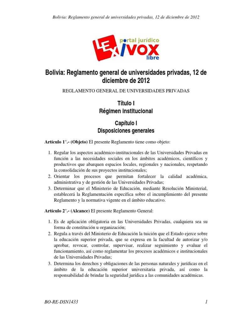 Reglamento General de Universidades Privadas, 12 de Diciembre de 2012 Universidad Regulación