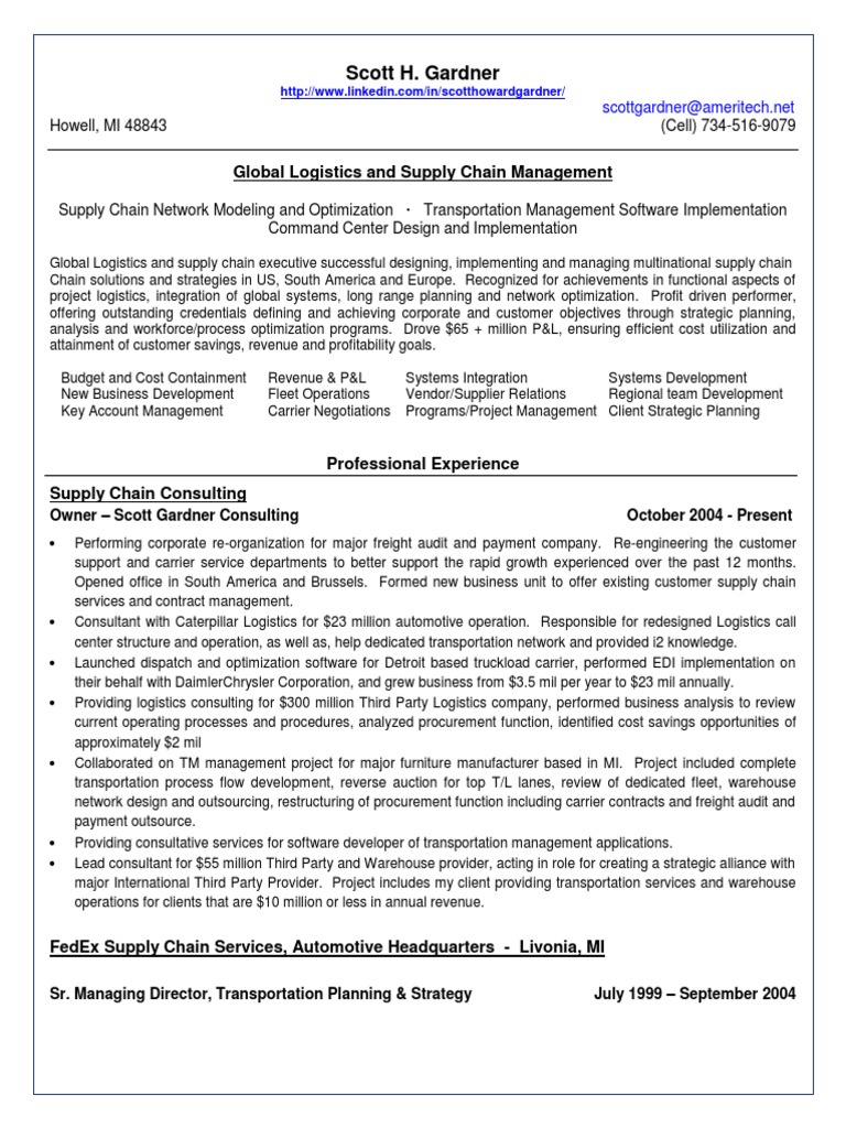VP Director Supply Chain In Detroit MI Resume Scott Gardner Supply 
