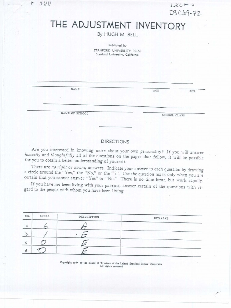 Bell Adjustment Inventory (1934) PDF
