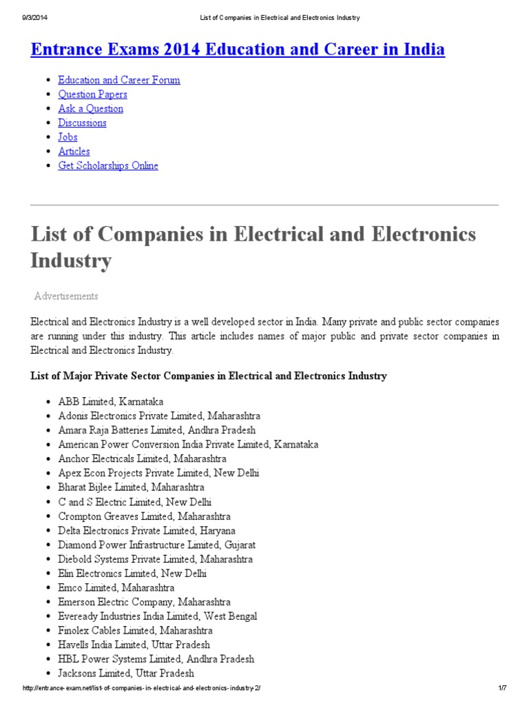 List of Companies in Electrical and Electronics Industry PDF Tamil