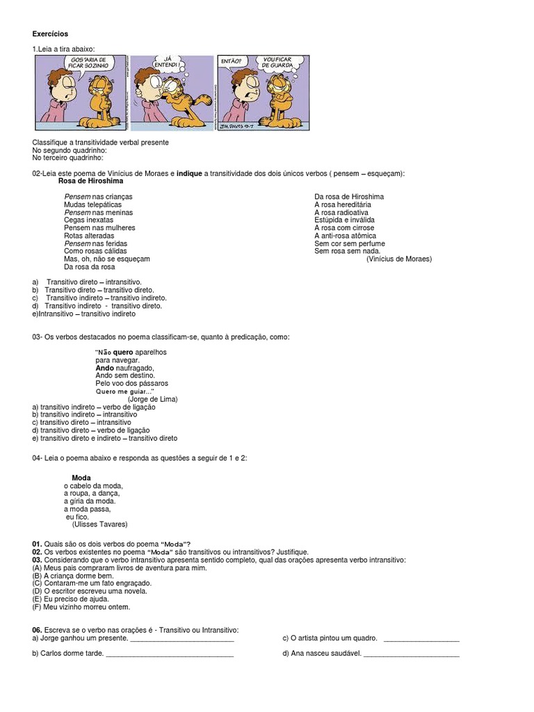 Transitividade Verbal Exercícios 7 Ano Com Tirinha