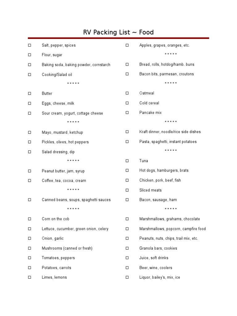 RV Packing List Food | PDF