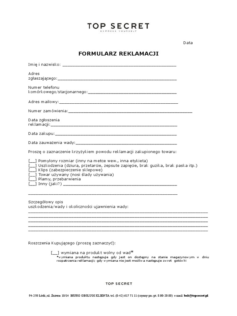 Formularz Reklamacji Topsecret Pl