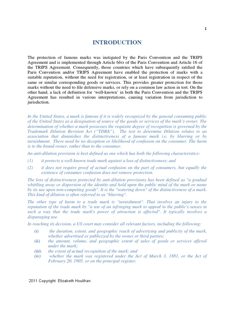 Famous Marks Paper PDF Trademark Dilution Trademark