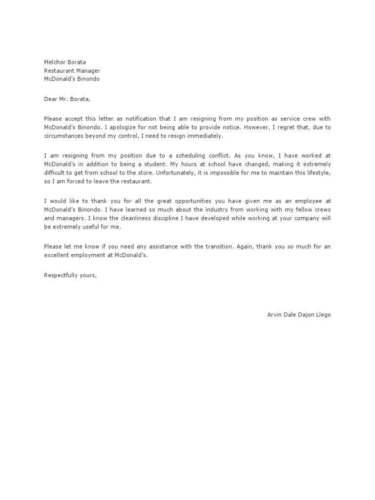 Sample Resignation Letter Sample Resignation Letter