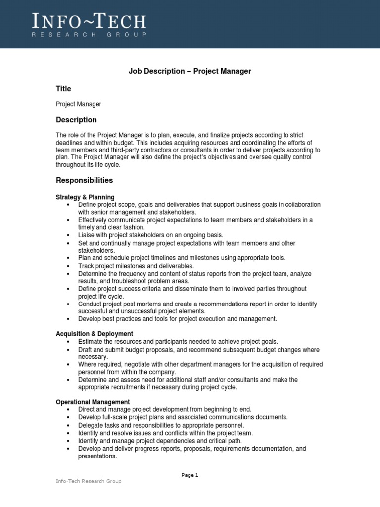 Project Manager Job Description | Pdf | Project Management | Business