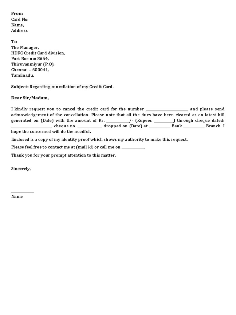 Hdfc Credit Card Cancellation Letter Cheque Banking