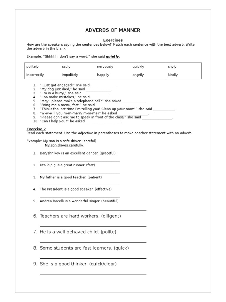 Adverbs of Manner Exercises Worksheet | PDF | Foreign Language Studies ...