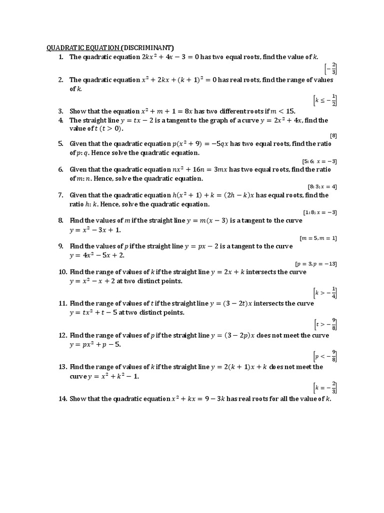 Quadratic Equations Discriminant Quadratic Equation Tangent
