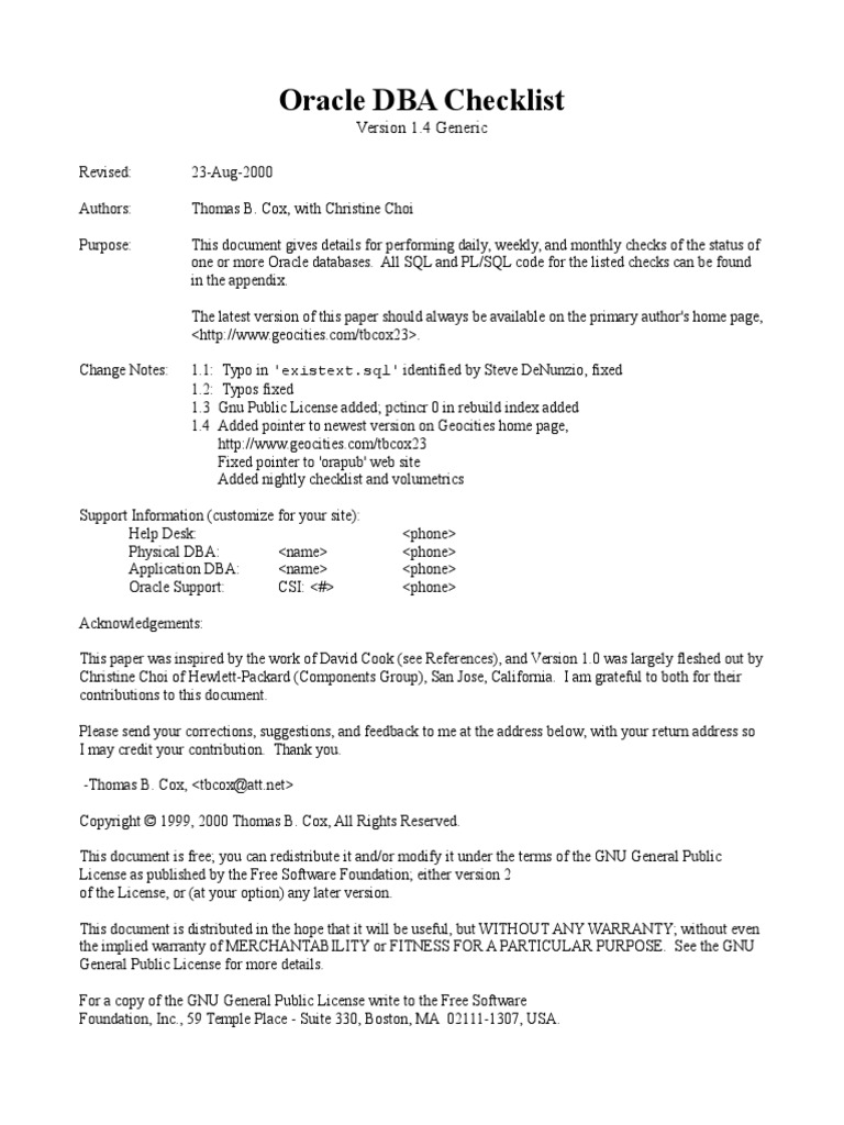 Oracle DBA Daily Checklist | PDF