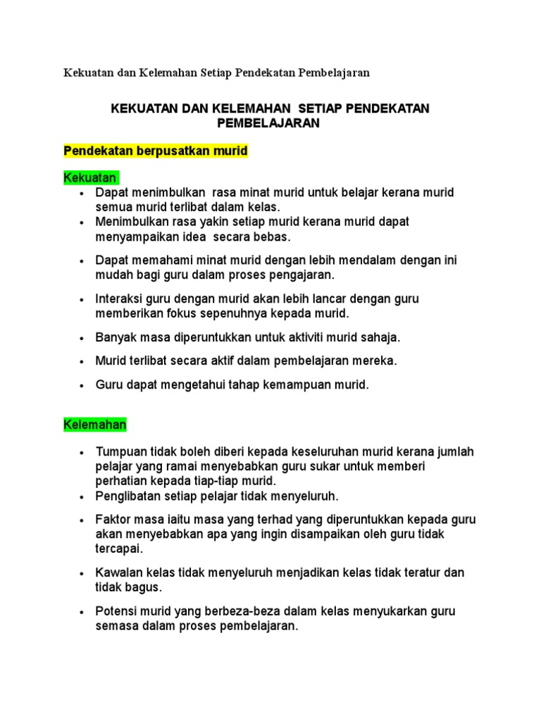 Kekuatan Dan Kelemahan Setiap Pendekatan Pembelajaran Pdf