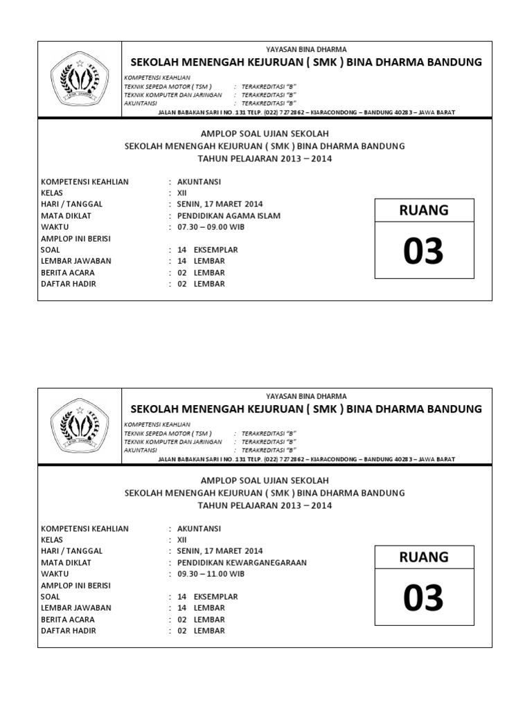  Cover Amplop Soal Ujian Sekolah  Doc Dunia Sosial