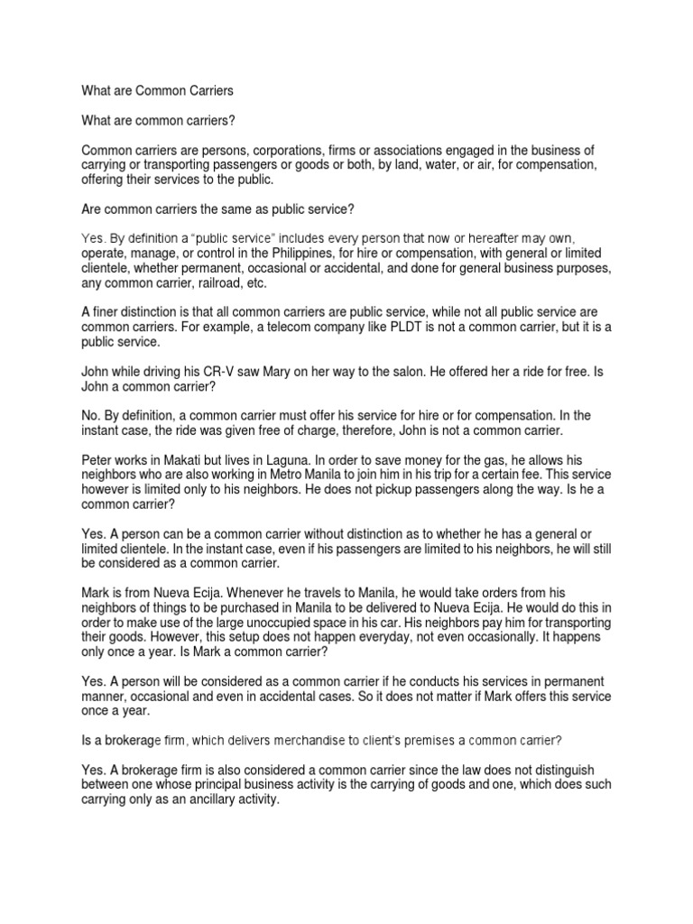 Common Carriers Under The Law Explained PDF Common Carrier