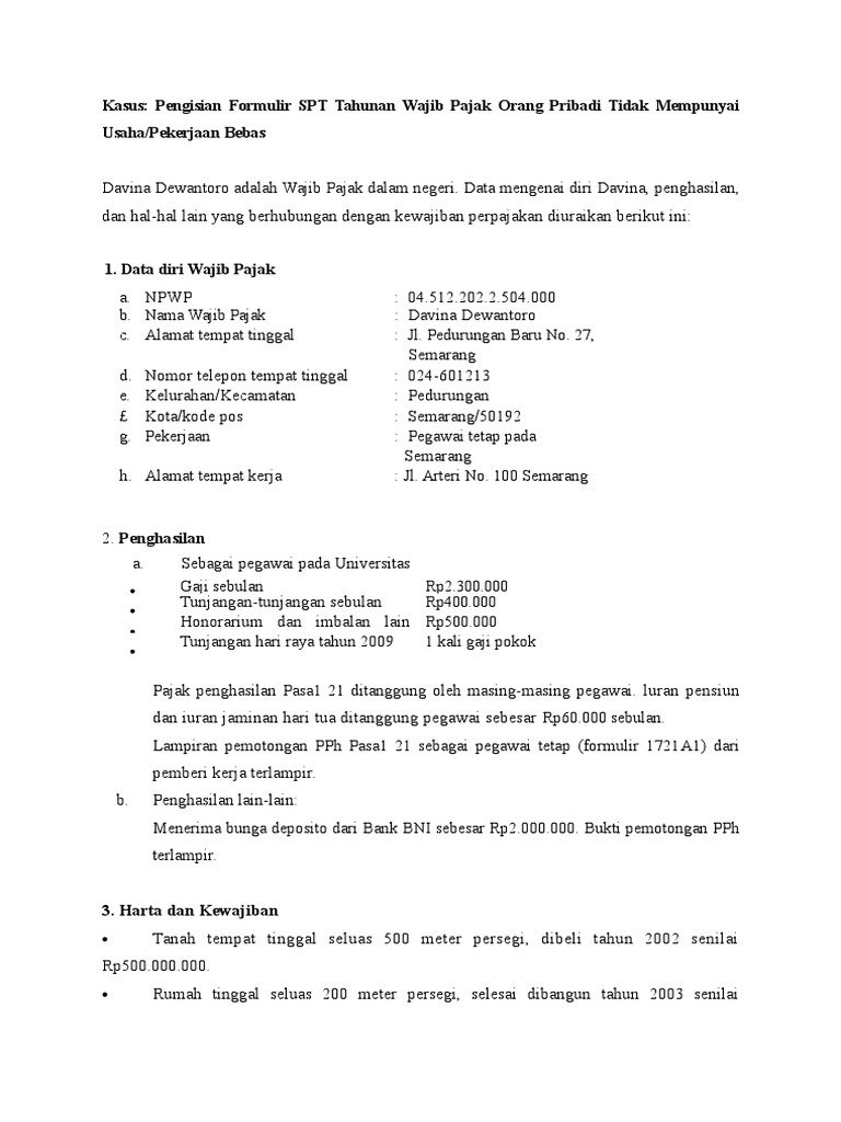 Kasus Pengisian SPT Tahunan PPh Wajib Pajak Orang Pribadi