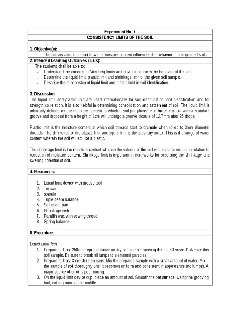 Determination of the Consistency Limits of Soil An Experiment on the Liquid Limit, Plastic