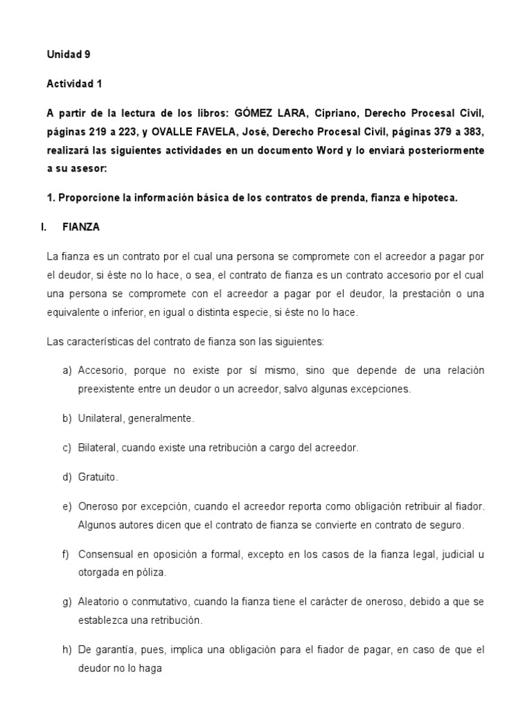 Unidad 9 Actividad 1 Contratos de Prenda, Fianza e Hipoteca