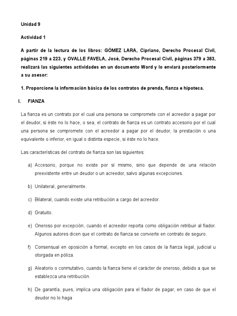 Unidad 9 Actividad 1 Contratos de Prenda, Fianza e Hipoteca